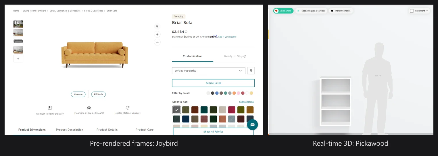 Joybird's Briar sofa page with fabric swatches next to Pickawood's live 3D shelf view