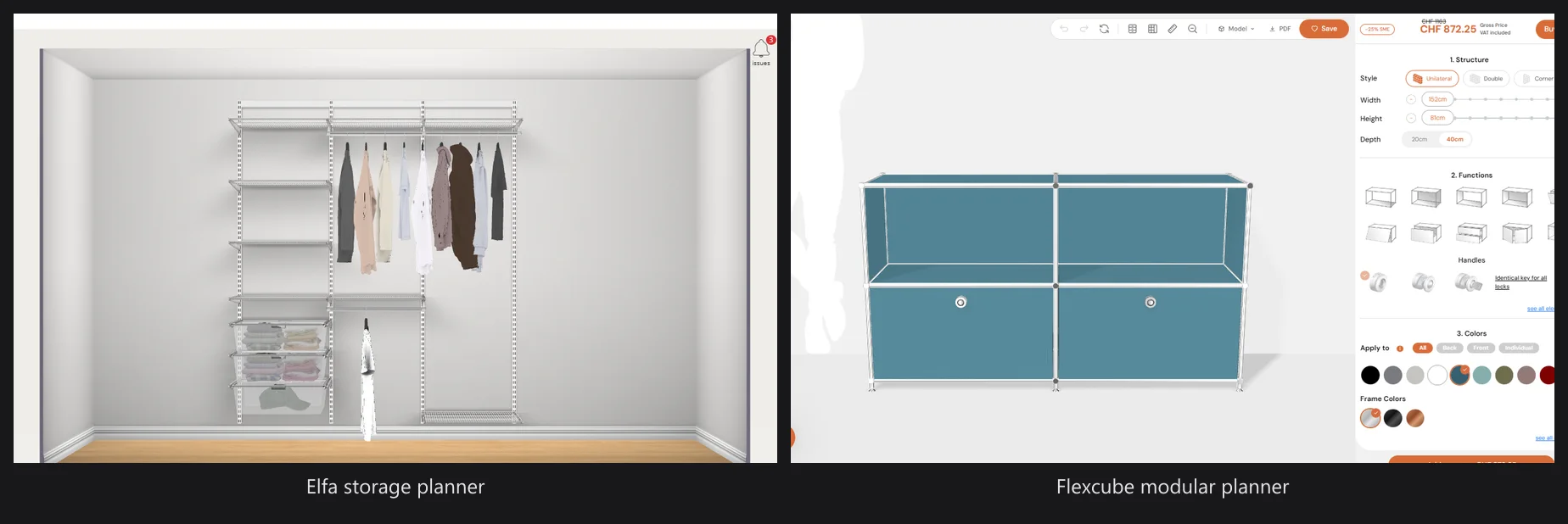 Elfa's storage planner with a configured closet wall next to Flexcube's planner with a two-door sideboard and its option panel