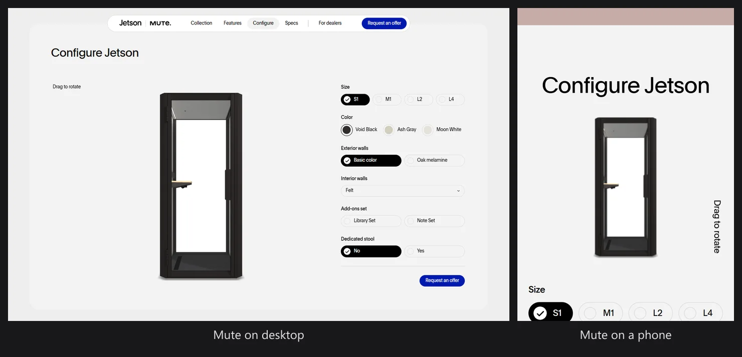 Mute's Jetson configurator on desktop with options beside the pod, and on a phone with the size options under the pod