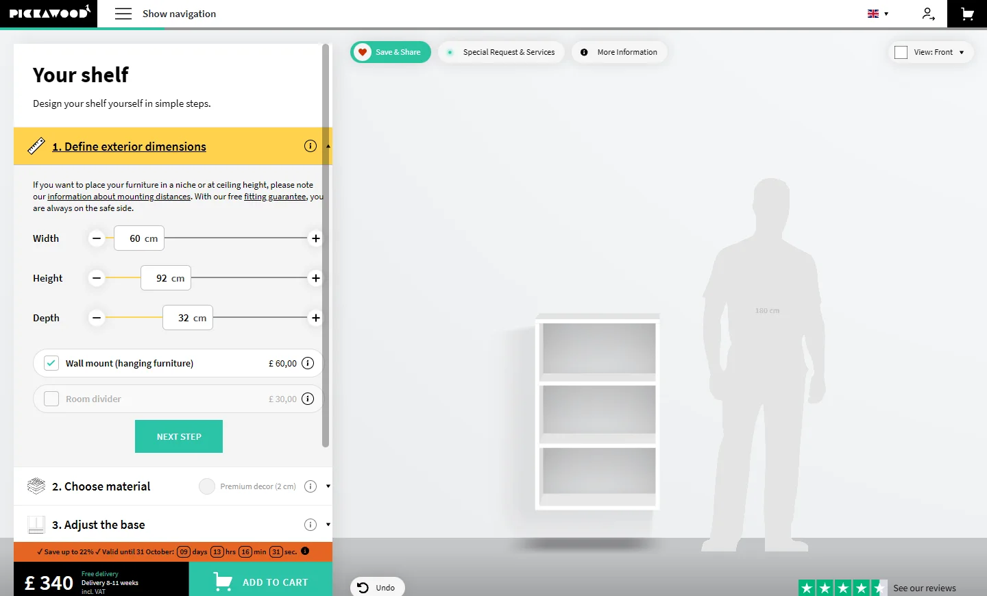 Pickawood configurator with width, height and depth fields in centimeters, a shelf next to a person-scale silhouette, and a price with an add-to-cart button